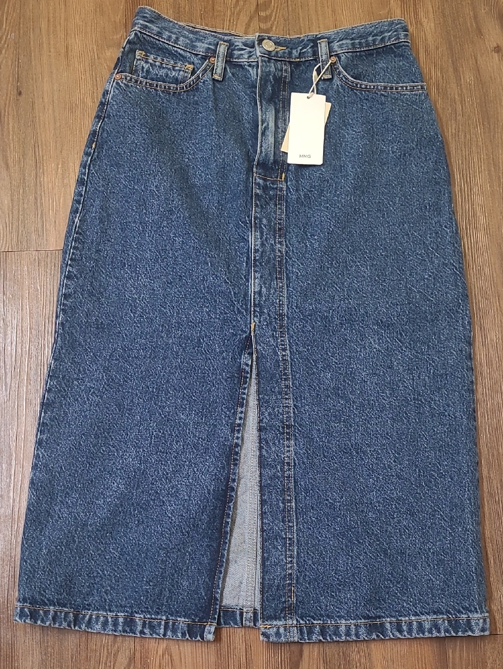 Mango Women’s Dark Blue Denim Midi Skirt with Front Slit 100 % cotton new.